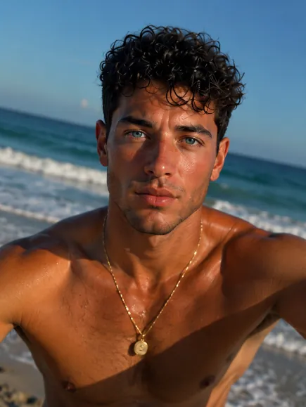 Perfil de ejemplo de Salimos (imagen generada con IA): Benja, 27 años, selfie en la playa